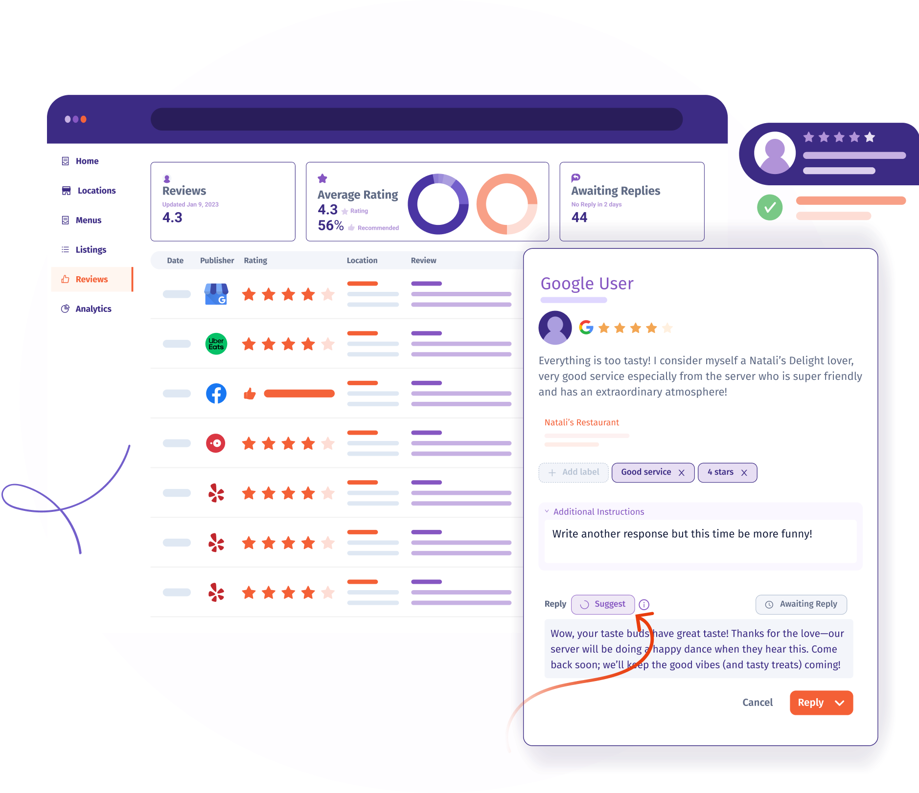 AI-powered responses to customer reviews that are personalized and timely. Includes alerts for critical reviews, along with analytics reporting for performance. AI-powered responses to customer reviews that are personalized and timely. Includes alerts for critical reviews, along with analytics reporting for performance.
